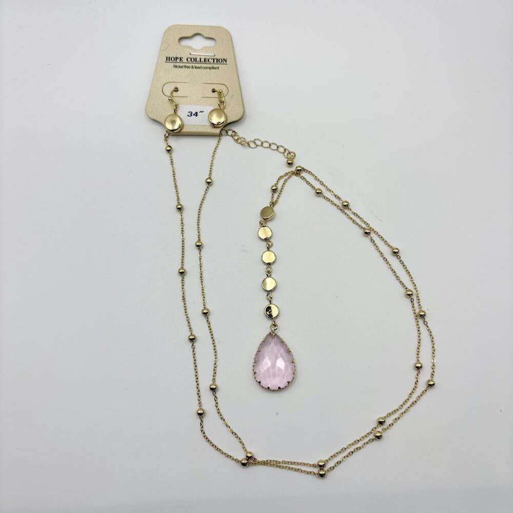 Long Gold Tone Pink Pendant Necklace With Earrings Nickel Lead Free NWT